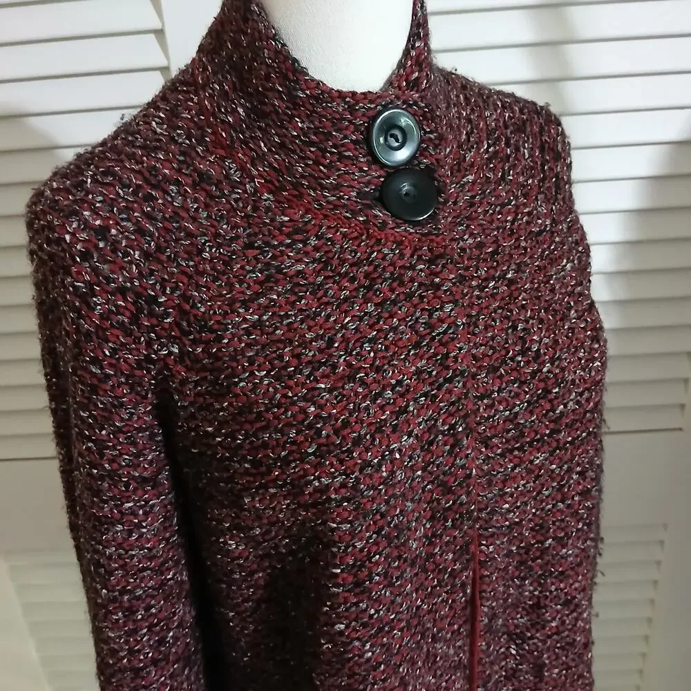 Karen Scott Med Maroon/Brown/White 2-Button Long-Sleeved Cardigan Sweater